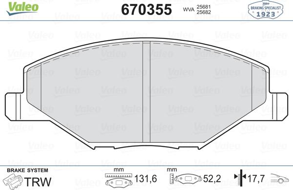 Valeo 670355 - Комплект спирачно феродо, дискови спирачки vvparts.bg