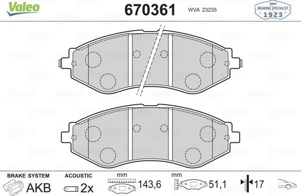 Valeo 670361 - Комплект спирачно феродо, дискови спирачки vvparts.bg