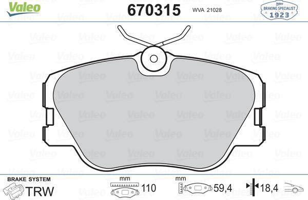 Valeo 670315 - Комплект спирачно феродо, дискови спирачки vvparts.bg