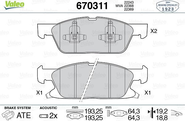 Valeo 670311 - Комплект спирачно феродо, дискови спирачки vvparts.bg