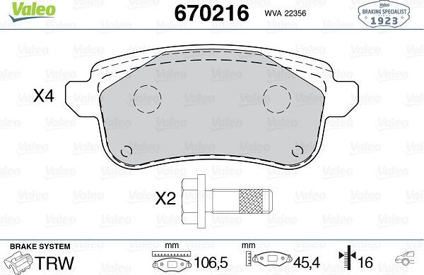 Valeo 670216 - Комплект спирачно феродо, дискови спирачки vvparts.bg