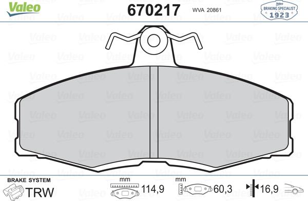 Valeo 670217 - Комплект спирачно феродо, дискови спирачки vvparts.bg