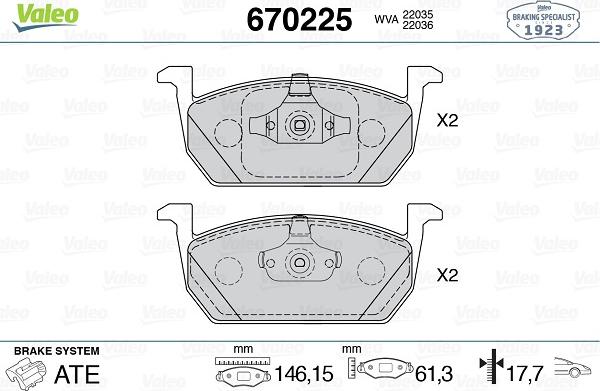 Valeo 670225 - Комплект спирачно феродо, дискови спирачки vvparts.bg