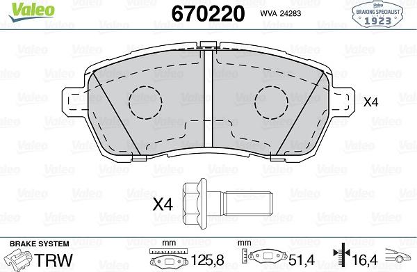 Valeo 670220 - Комплект спирачно феродо, дискови спирачки vvparts.bg