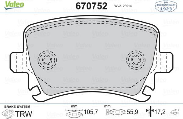 Valeo 670752 - Комплект спирачно феродо, дискови спирачки vvparts.bg