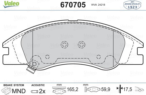 Valeo 670705 - Комплект спирачно феродо, дискови спирачки vvparts.bg