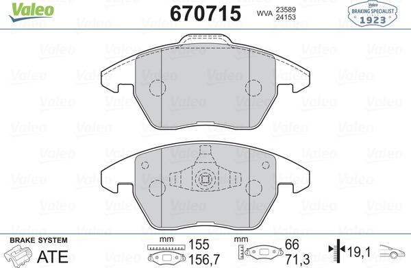 Valeo 670715 - Комплект спирачно феродо, дискови спирачки vvparts.bg