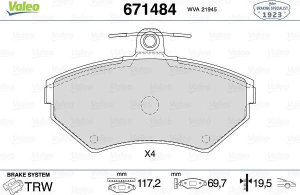 Valeo 671484 - Комплект спирачно феродо, дискови спирачки vvparts.bg