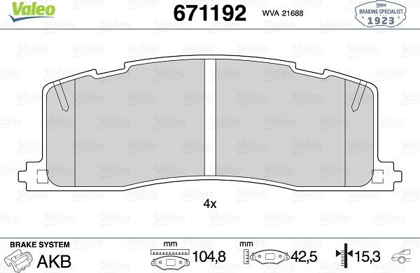 Valeo 671192 - Комплект спирачно феродо, дискови спирачки vvparts.bg
