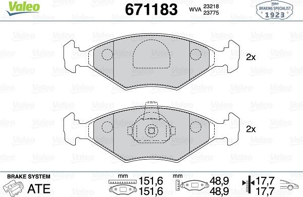 Valeo 671183 - Комплект спирачно феродо, дискови спирачки vvparts.bg