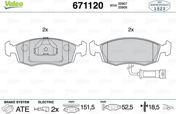 Valeo 671120 - Комплект спирачно феродо, дискови спирачки vvparts.bg