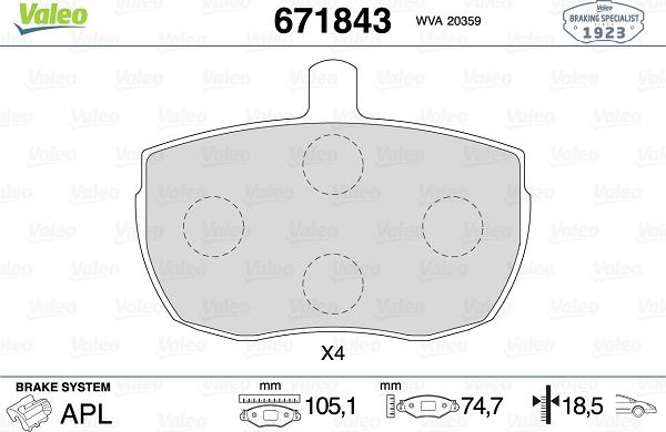 Valeo 671843 - Комплект спирачно феродо, дискови спирачки vvparts.bg