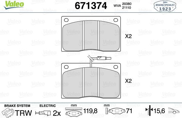 Valeo 671374 - Комплект спирачно феродо, дискови спирачки vvparts.bg