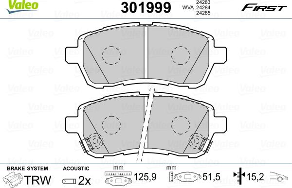 Valeo 301999 - Комплект спирачно феродо, дискови спирачки vvparts.bg