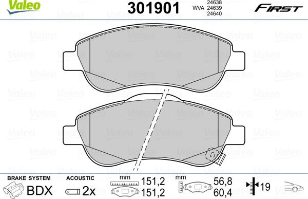 Valeo 301901 - Комплект спирачно феродо, дискови спирачки vvparts.bg