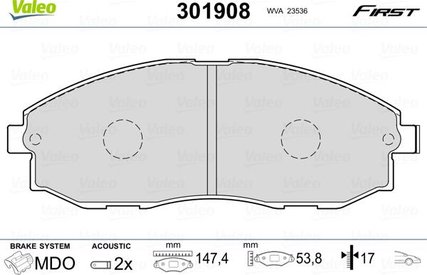 Valeo 301908 - Комплект спирачно феродо, дискови спирачки vvparts.bg