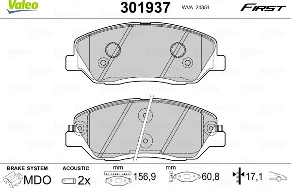 Valeo 301937 - Комплект спирачно феродо, дискови спирачки vvparts.bg