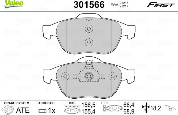 Valeo 301566 - Комплект спирачно феродо, дискови спирачки vvparts.bg