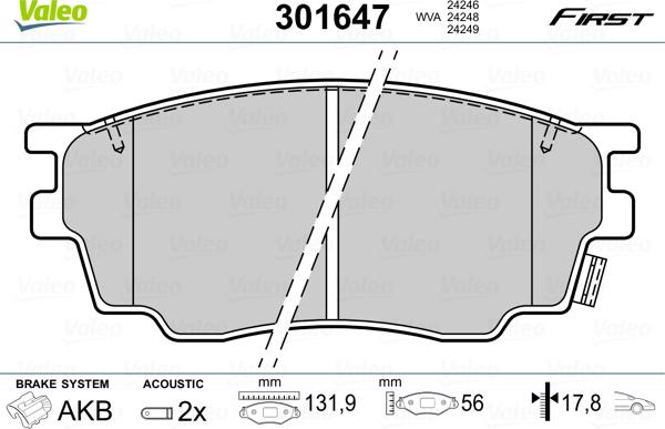 Valeo 301647 - Комплект спирачно феродо, дискови спирачки vvparts.bg