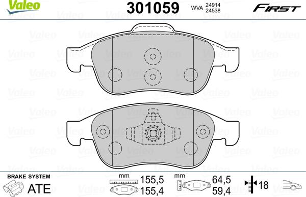 Valeo 301059 - Комплект спирачно феродо, дискови спирачки vvparts.bg