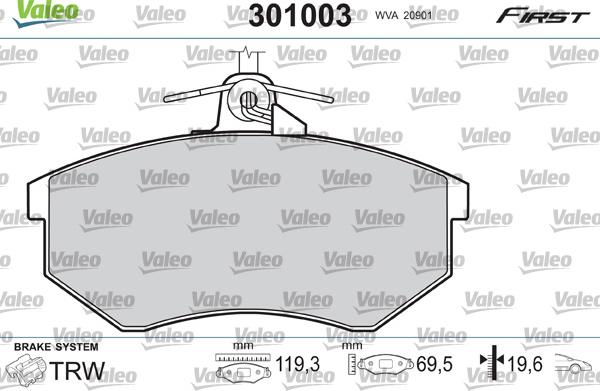 Valeo 301003 - Комплект спирачно феродо, дискови спирачки vvparts.bg