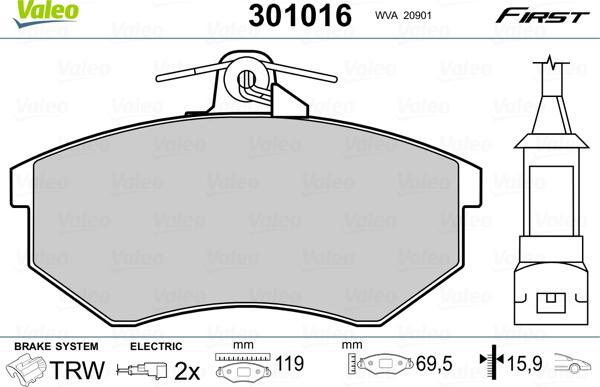 Valeo 301016 - Комплект спирачно феродо, дискови спирачки vvparts.bg