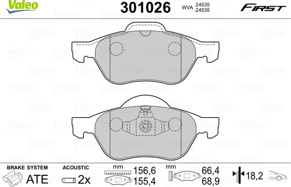 Valeo 301026 - Комплект спирачно феродо, дискови спирачки vvparts.bg