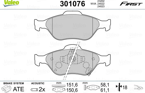 Valeo 301076 - Комплект спирачно феродо, дискови спирачки vvparts.bg