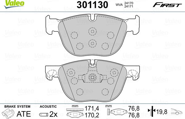 Valeo 301130 - Комплект спирачно феродо, дискови спирачки vvparts.bg