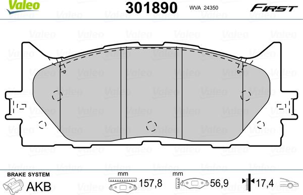 Valeo 301890 - Комплект спирачно феродо, дискови спирачки vvparts.bg