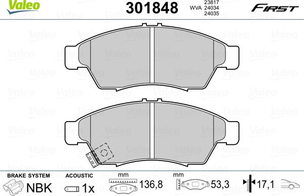 Valeo 301848 - Комплект спирачно феродо, дискови спирачки vvparts.bg