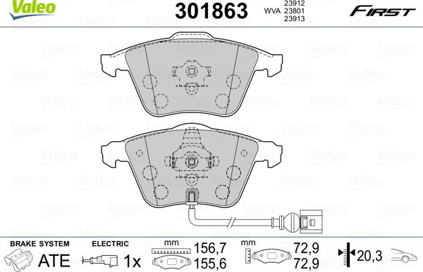 Valeo 301863 - Комплект спирачно феродо, дискови спирачки vvparts.bg