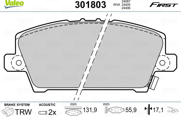 Valeo 301803 - Комплект спирачно феродо, дискови спирачки vvparts.bg