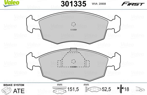 Valeo 301335 - Комплект спирачно феродо, дискови спирачки vvparts.bg