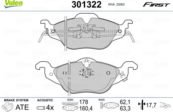 Valeo 301322 - Комплект спирачно феродо, дискови спирачки vvparts.bg