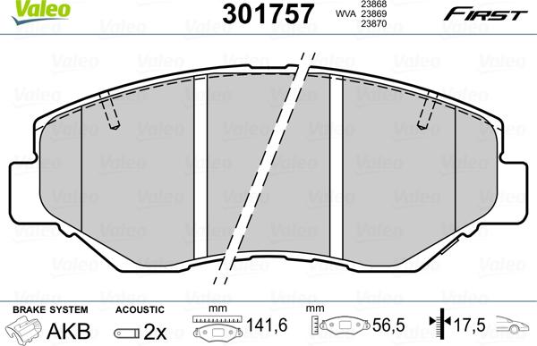 Valeo 301757 - Комплект спирачно феродо, дискови спирачки vvparts.bg