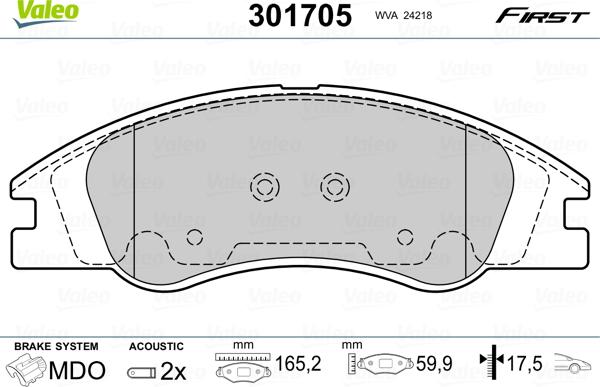 Valeo 301705 - Комплект спирачно феродо, дискови спирачки vvparts.bg