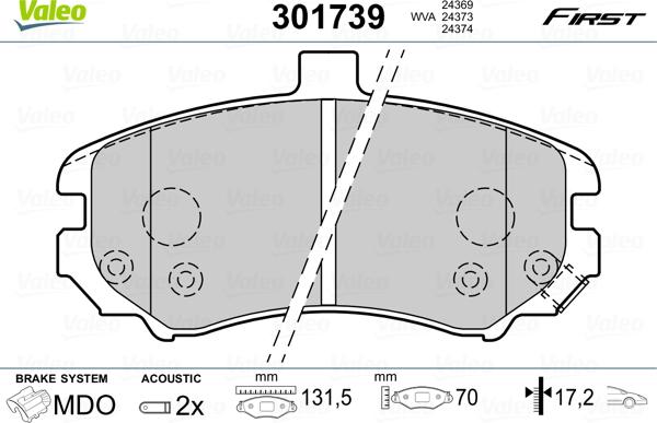 Valeo 301739 - Комплект спирачно феродо, дискови спирачки vvparts.bg