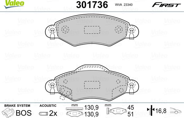 Valeo 301736 - Комплект спирачно феродо, дискови спирачки vvparts.bg