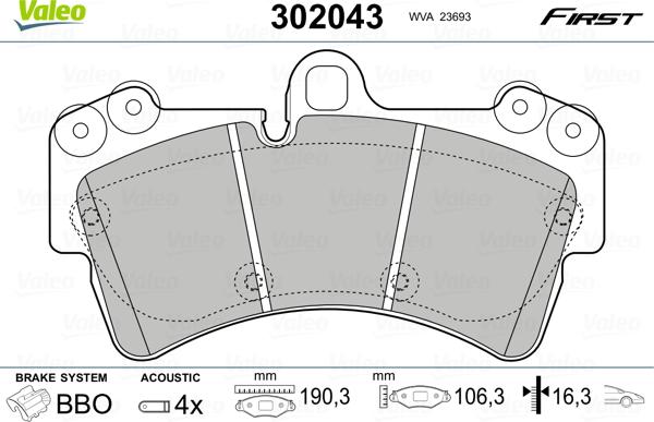 Valeo 302043 - Комплект спирачно феродо, дискови спирачки vvparts.bg