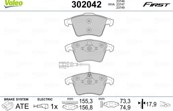 Valeo 302042 - Комплект спирачно феродо, дискови спирачки vvparts.bg