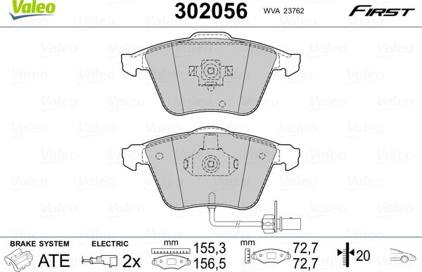 Valeo 302056 - Комплект спирачно феродо, дискови спирачки vvparts.bg