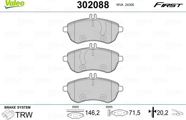 Valeo 302088 - Комплект спирачно феродо, дискови спирачки vvparts.bg