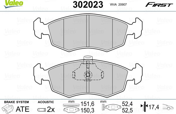 Valeo 302023 - Комплект спирачно феродо, дискови спирачки vvparts.bg