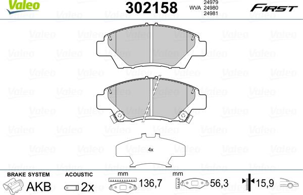 Valeo 302158 - Комплект спирачно феродо, дискови спирачки vvparts.bg