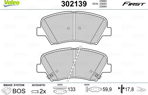 Valeo 302139 - Комплект спирачно феродо, дискови спирачки vvparts.bg