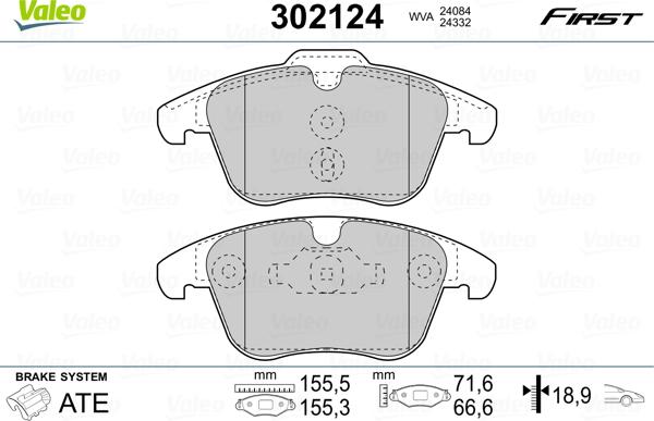 Valeo 302124 - Комплект спирачно феродо, дискови спирачки vvparts.bg