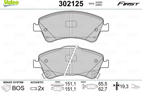 Valeo 302125 - Комплект спирачно феродо, дискови спирачки vvparts.bg