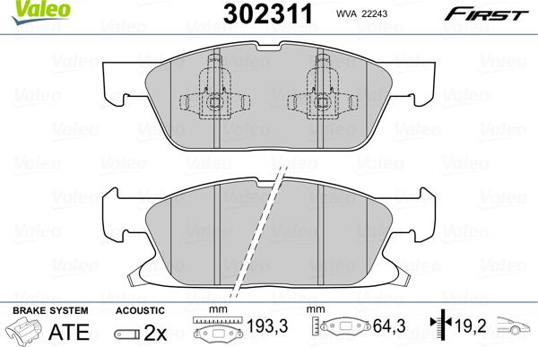 Valeo 302311 - Комплект спирачно феродо, дискови спирачки vvparts.bg