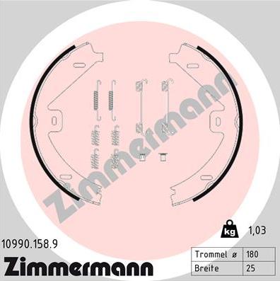 Zimmermann 10990.158.9 - Комплект спирачна челюст, ръчна спирачка vvparts.bg